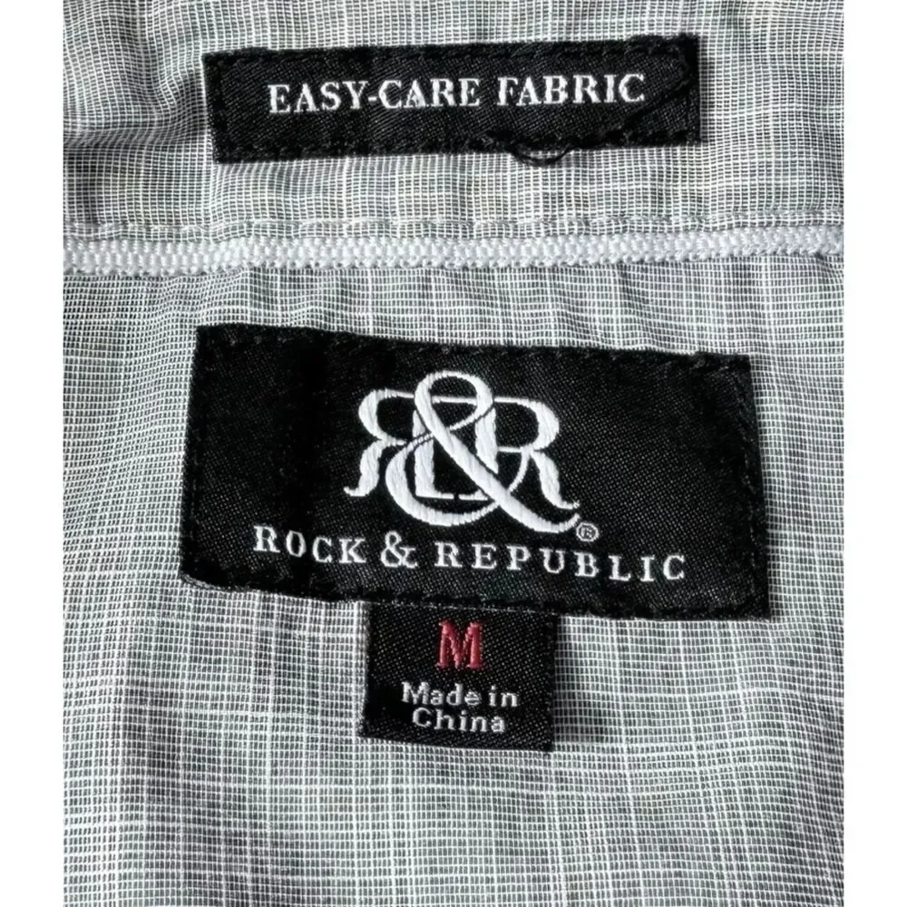 Rock Republic Shirt Mens M Gray Easy Care Roll Tab Sleeve Button Up Pockets